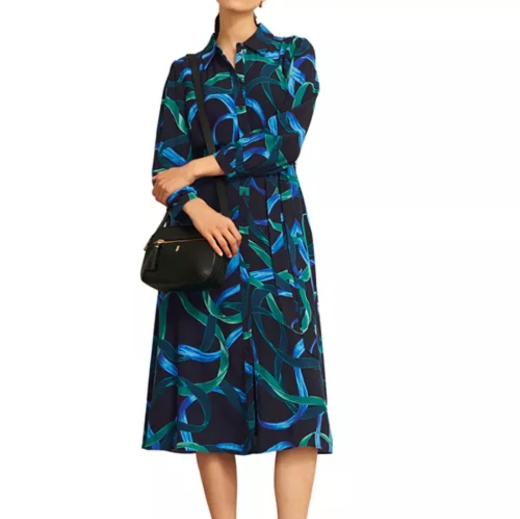 Hobbs London Size 6 Black & Blue Print Alis Long Sleeve Midi Dress Msrp $335